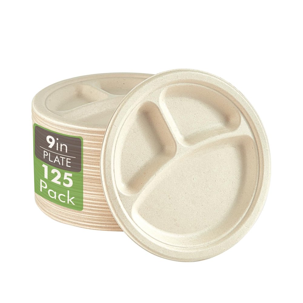Vplus 100% Compostable Paper Plates, 125 Pack 9 Inch 3 Compartment Plates Disposable, Heavy Duty Biodegradable Plates Made of Sugar Cane Fibers, for Daily meals, Dinner, Parties, BBQ