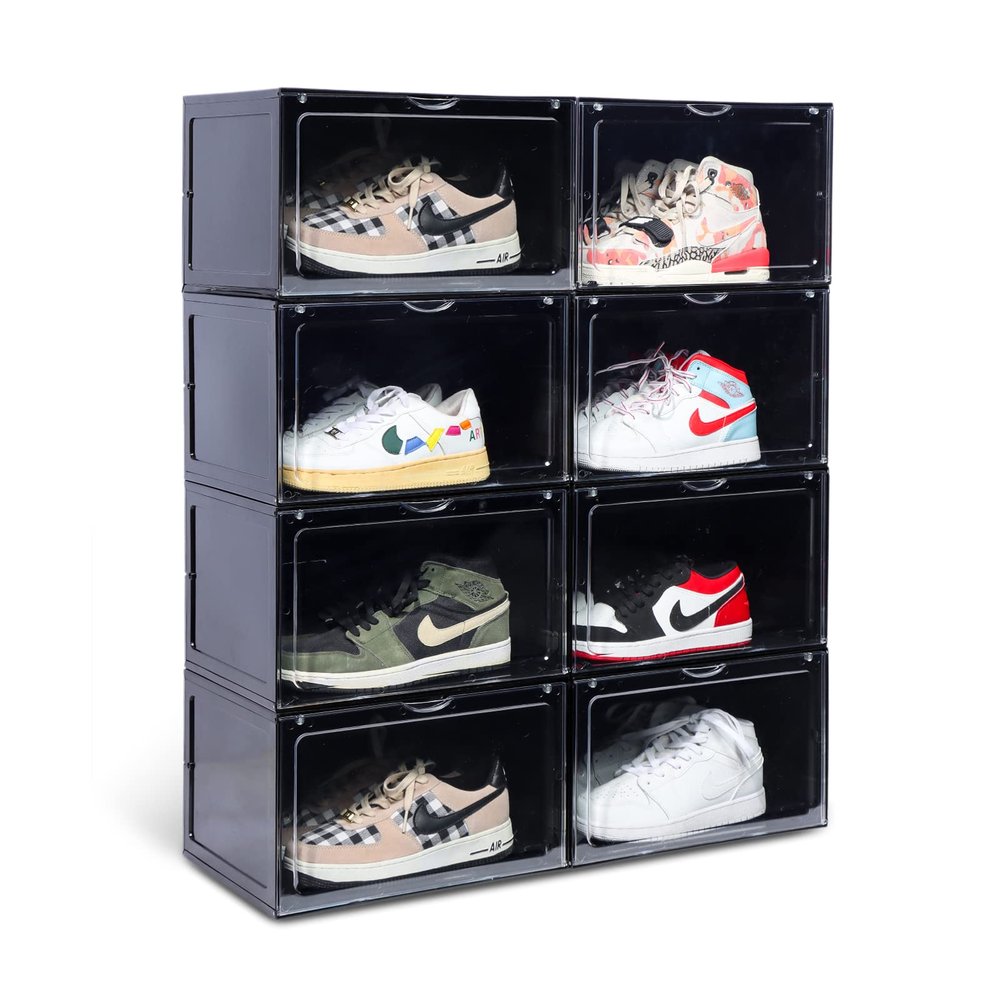 OMOPIN XL clear shoe storage boxes stackable, 8 Pack Large Shoe Boxes Clear Plastic Stackable, Drop side Sneaker Container Fit Size 13 (Black 8 Pack)