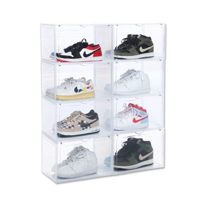 OMOPIN 8 PACK XL Shoe Storage Box,Drop Side Sneaker Display Case,Shoe Boxes Clear Plastic Stackable 13.4x 10.6x 8.3 Fit up to US 13 (Clear 8Pack)