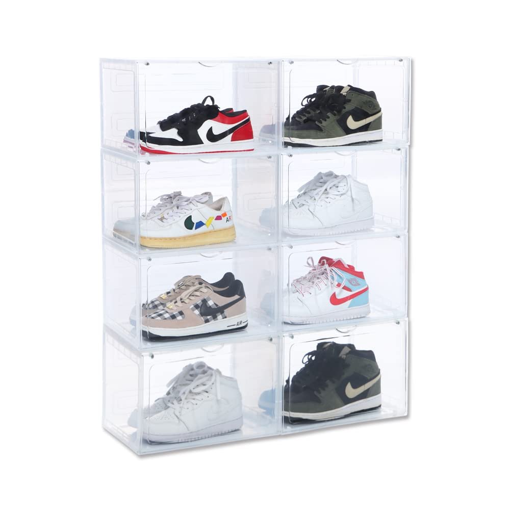 OMOPIN 8 PACK XL Shoe Storage Box,Drop Side Sneaker Display Case,Shoe Boxes Clear Plastic Stackable 13.4x 10.6x 8.3 Fit up to US 13 (Clear 8Pack)