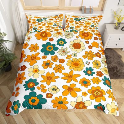 70s Retro Flowers Comforter Covet,Vintage Autumn Floral Duvet Cover for Girls Teens Bedroom Gift,Wavy Geometric Hippie Comforter Cover Decorative with 2 Pillowcases, Full Size