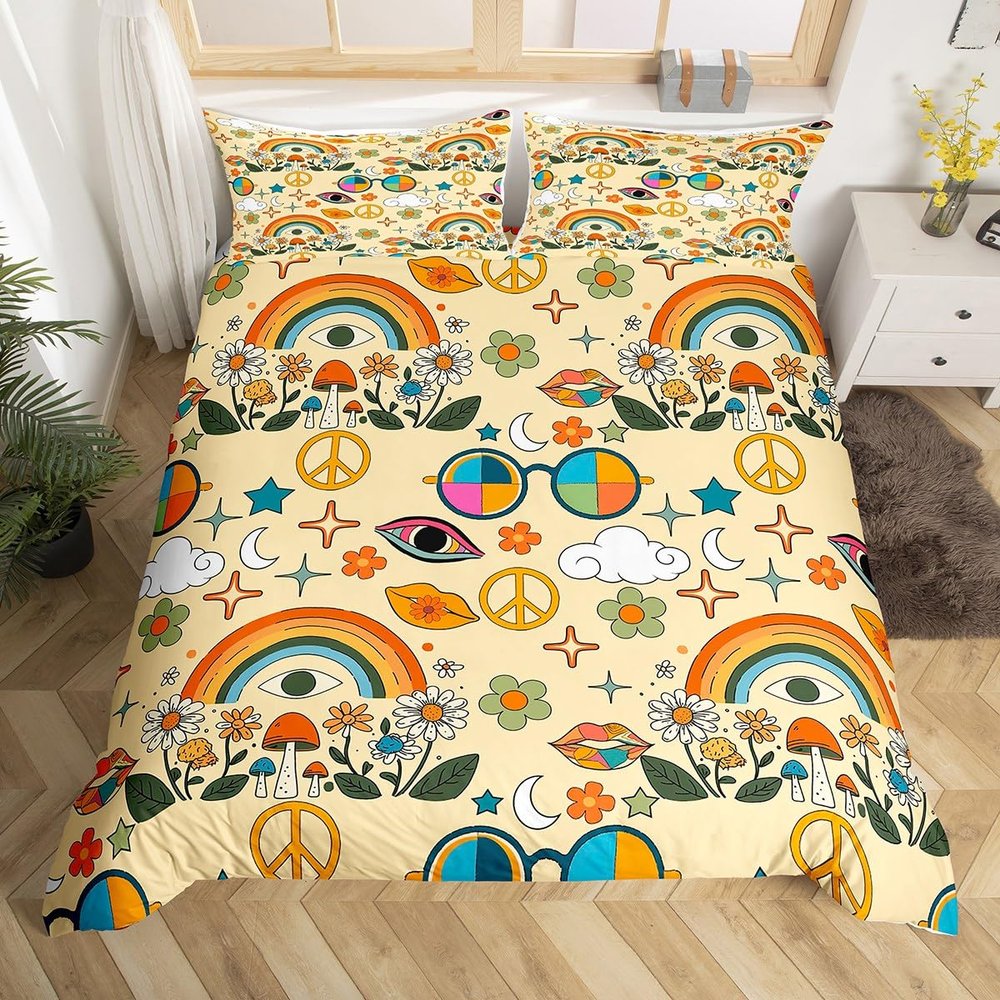 Castle Fairy Retro 70s Hippie Style Duvet Cover Queen for Children,Mushroom Bedding Set Room Decor Gift Comforter Cover,Rainbow Floral Stars Moon Quilt Cover with 2 Pillowcases, 3pcs Soft