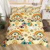Castle Fairy Retro 70s Hippie Style Duvet Cover Queen for Children,Mushroom Bedding Set Room Decor Gift Comforter Cover,Rainbow Floral Stars Moon Quilt Cover with 2 Pillowcases, 3pcs Soft view 1