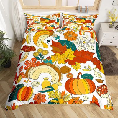 Castle Fairy 70s Groovy Hippie Retro Duvet Cover Set Twin Size,Vintage Fall Floral Leaves Comforter Cover for Kids Boys Bedroom Gift,Mushroom Pumpkin Rainbow Bedding Set with 1 Pillowcase Bedspread