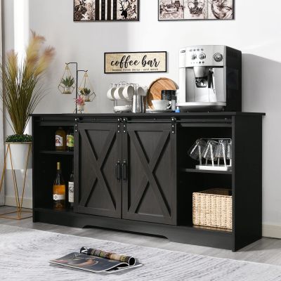 4 EVER WINNER Farmhouse Coffee Bar Cabinet, 59" Large Kitchen Storage Cabinet with Sliding Barn Doors, Buffet Cabinet with Storage Cupboard for Kitchen, Dining Room, Espresso