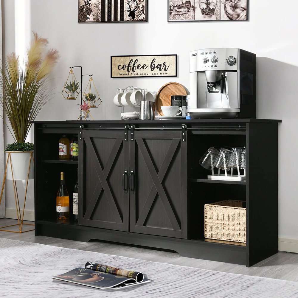 4 EVER WINNER Farmhouse Coffee Bar Cabinet, 59" Large Kitchen Storage Cabinet with Sliding Barn Doors, Buffet Cabinet with Storage Cupboard for Kitchen, Dining Room, Espresso