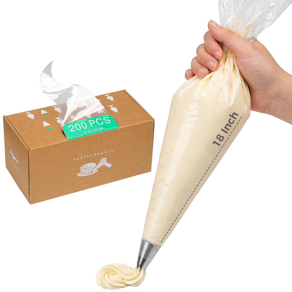 Kayaso 18-Inch Heavy-Duty Disposable Piping Bags, 200 Pack Extra Thick Smooth Pastry Bags with Easy-Pull Dispenser Box for Cake Decorating, Buttercream Frosting, Cookie Icing & Baking Supplies