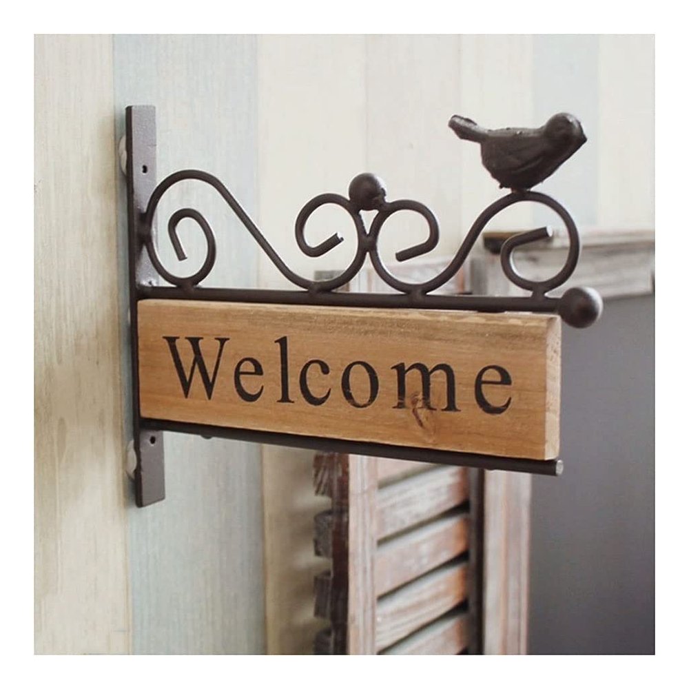 ANWUYANG American Country Wrought Iron Solid Wood Bird Welcome Card Welcome House Number, Nail-Free Listing Wall Decoration Wall Hanging