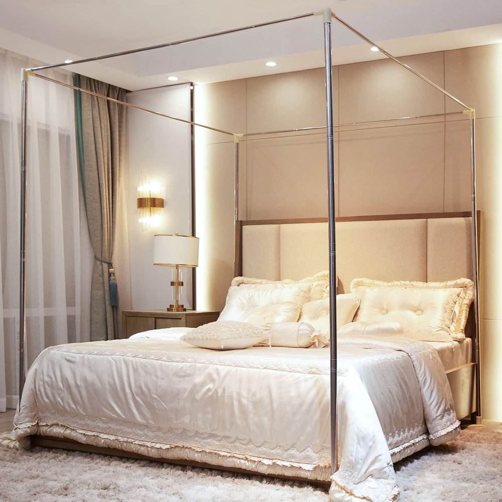 AIKASY King Size Stainless Steel Bed Canopy Frame Posts with Four Corner Brackets, Fits Metal & Wood Beds, Silver
