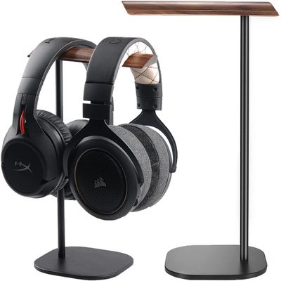 Pkfinrd Headphone Stand, Walnut Wood Headset Stand, Support Dual Headphones Suspension & Aluminum Alloy Support Rod Hanger, Dual Headphones Stand,Headset Holder