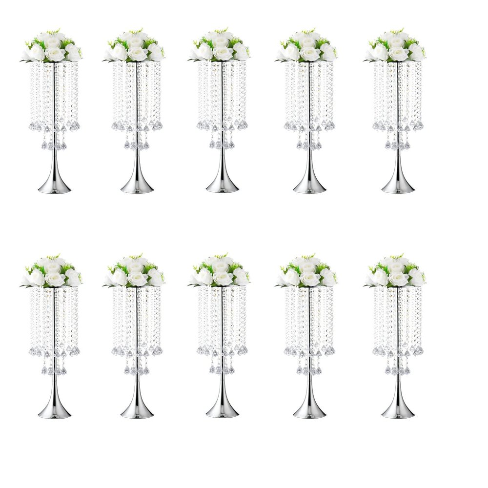 Set of 10pcs Silver Crystal Centerpieces Tall Metal Flower Arrangement Vase for Wedding Party Dinner Event Hotel Home Decor