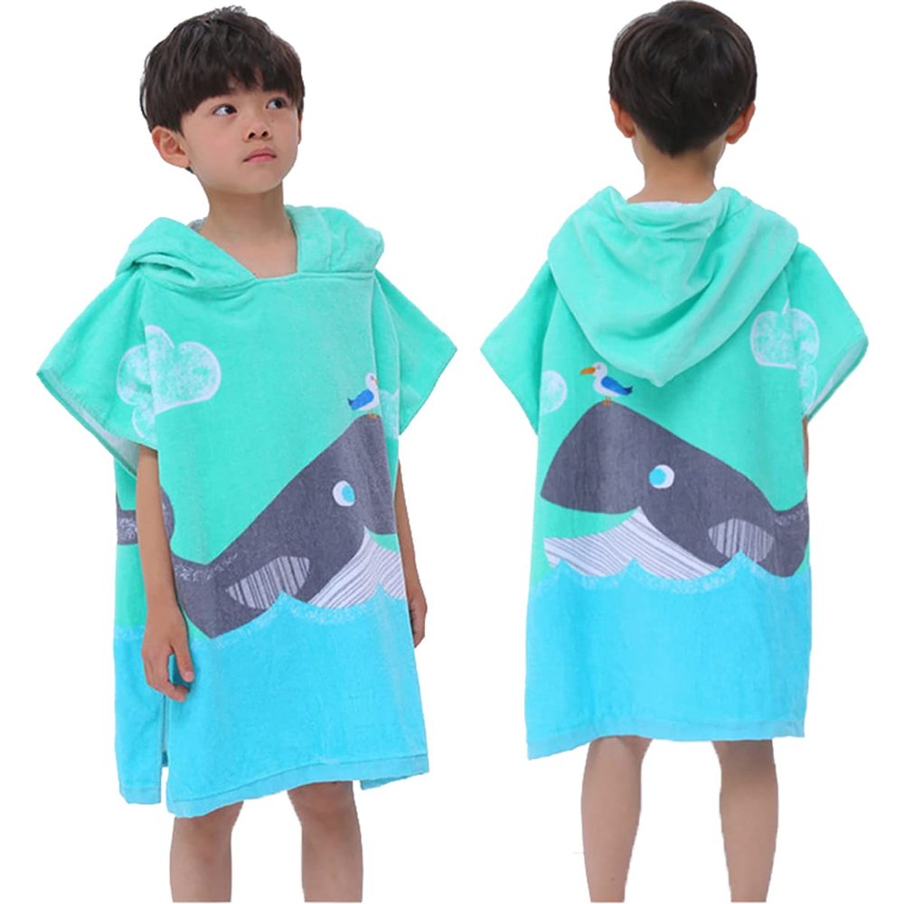 BANGSAUR Kids Hooded Towel Bath Beach Soft Cotton Towels Boys Absorbent Pool Wrap with Hood Baby Toddler Poncho Robe(Ocean Whale,5-9Years/Height:43"-51")