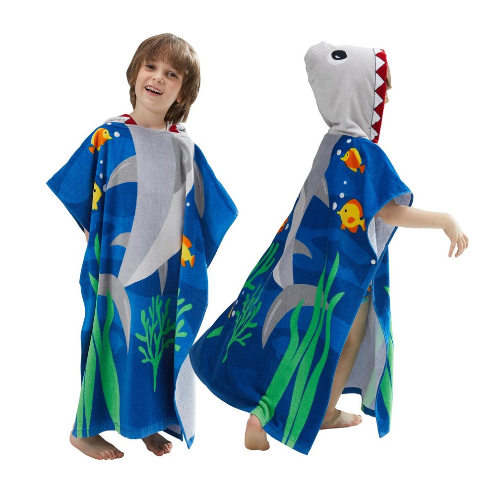 BANGSAUR Kids Hooded Towel Bath Beach Soft Cotton Towels Boys Absorbent Pool Wrap with Hood Baby Toddler Poncho Robe(White Shark,9-12Years/Height:49"-59")