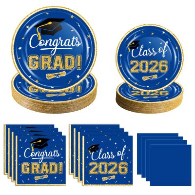 2026 Graduation Party Supplies Tableware Set - 200 Pcs Blue Gold Graduation Plates and Napkins Class of 2026 Disposable Dinnerware for College High School Congrats Grad Party Favors, Serve 50