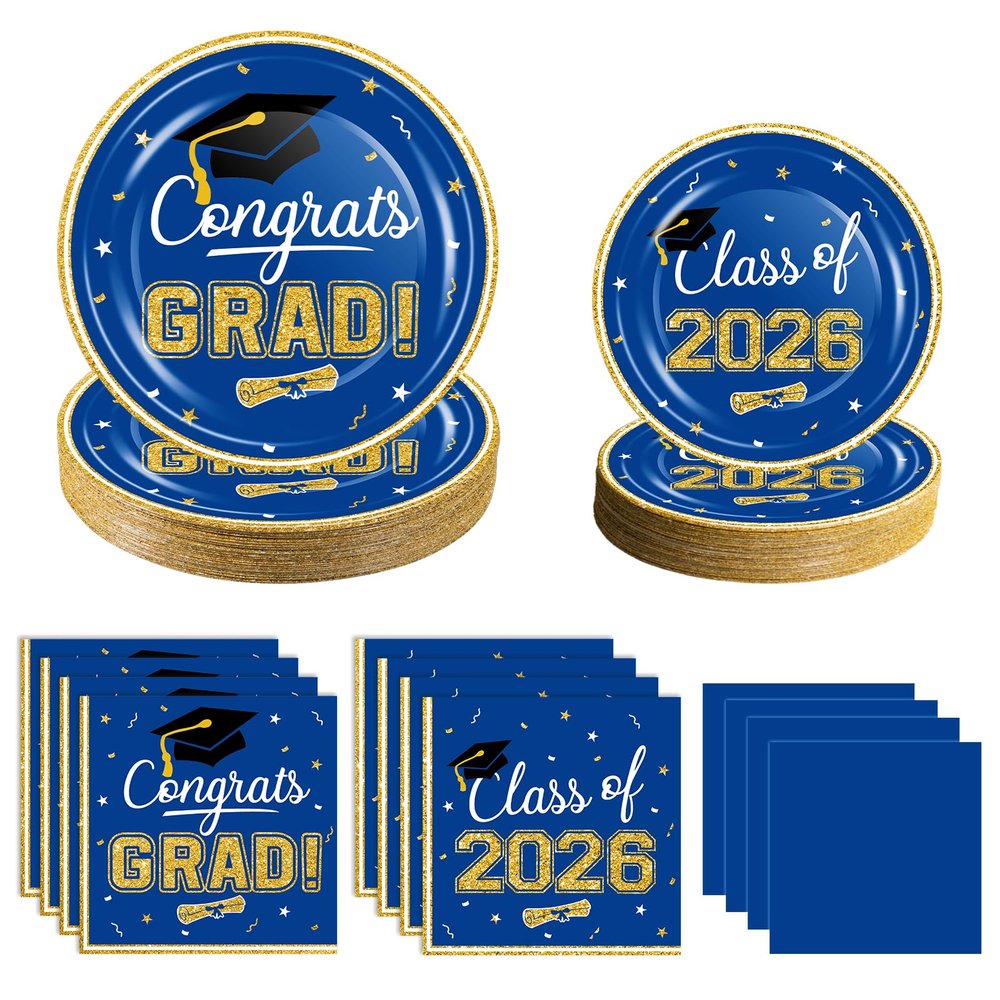 2026 Graduation Party Supplies Tableware Set - 200 Pcs Blue Gold Graduation Plates and Napkins Class of 2026 Disposable Dinnerware for College High School Congrats Grad Party Favors, Serve 50