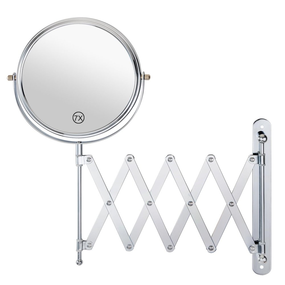 Welllink 7Inch Wall Mounted Double Sided Mirror, Accordion Makeup Mirror with 1X/7X Magnification, Chrome Finish, High-Definition Glass, Space Saving Screw Mount