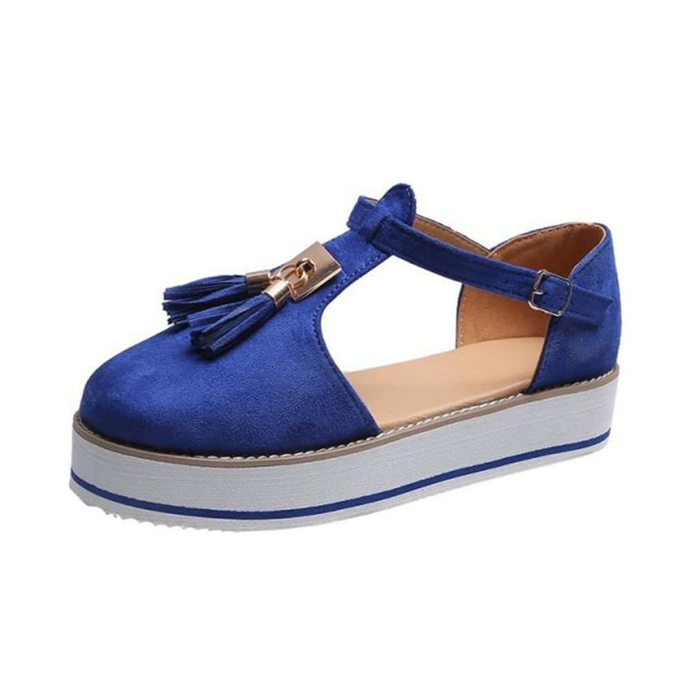 Riyueyi Women's Straps Platform Wedges Sandals Tassel Suede Fashion T-Strap Wedge Sandals Ladies 2022 Fringe Trendy Sneakers Fringe Dressy Shoes,Blue,US5/EU36