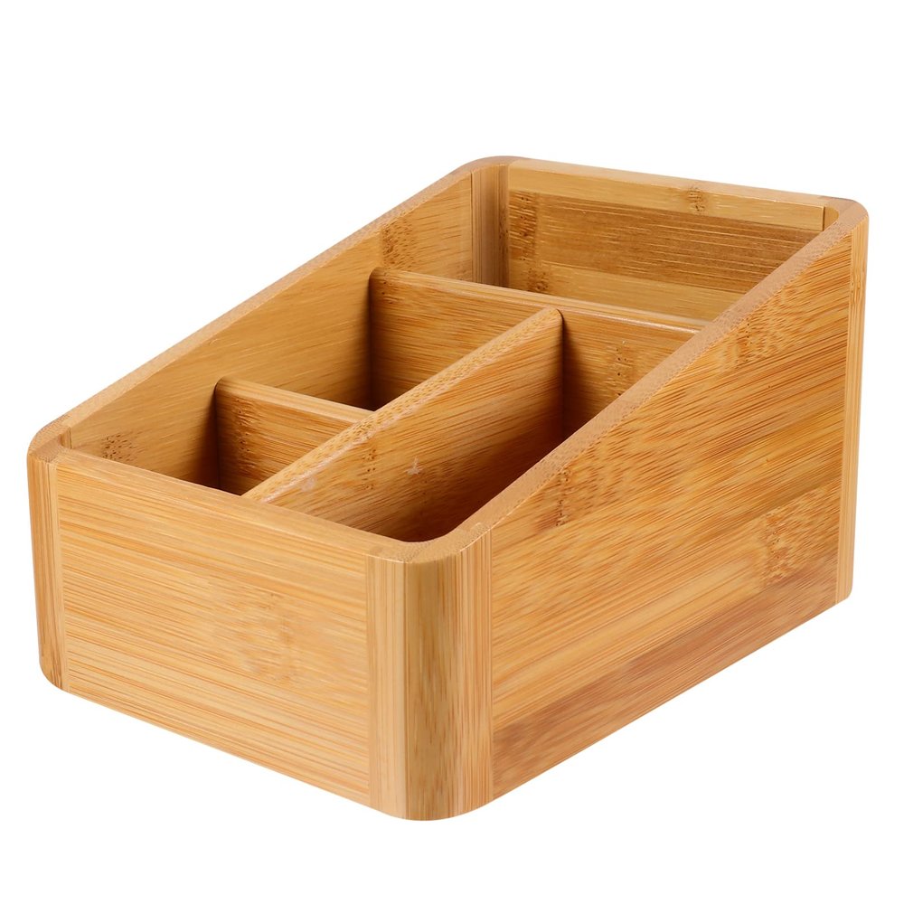 Angoily Wood Organizer Box Wood Compact Storage Organizer Bin Bathroom Countertop Storage Bin 4 Compartment Basket for Kitchen Cabinet