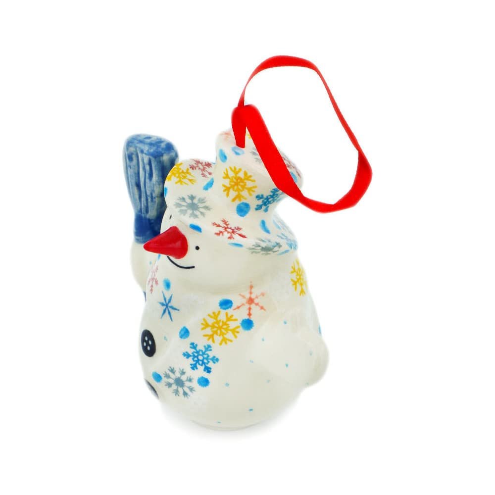 Polmedia Polish Pottery Snowman Ornament UNIKAT - Vintage Snow Fall Pattern Handmade in Boleslawiec Poland by Ceramika Artystyczna + Certificate of Authenticity