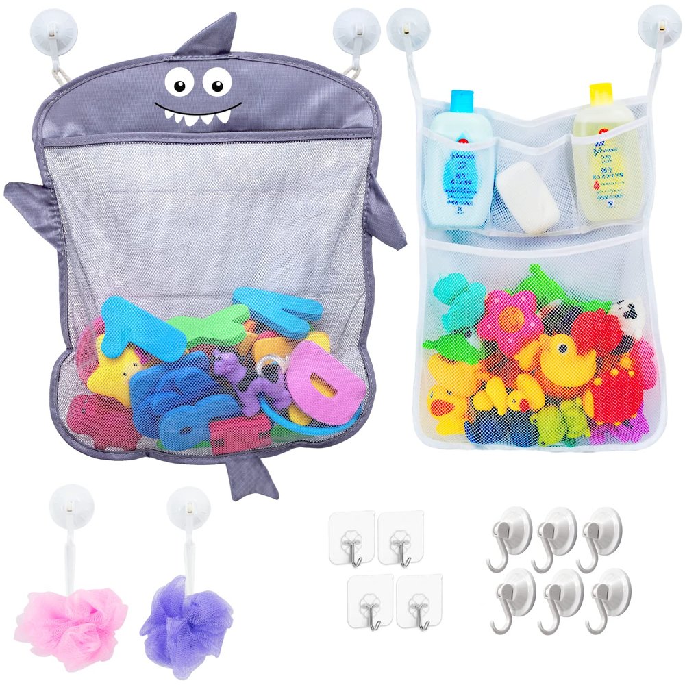 2 x Mesh Bath Toy Organizer + 6 Ultra Strong Hooks  The Perfect Bathtub Toy Holder & Bathroom or Shower Caddy  These Multi-use Net Bags Make Baby Bath Toy Storage Easy  For Kids & Toddlers