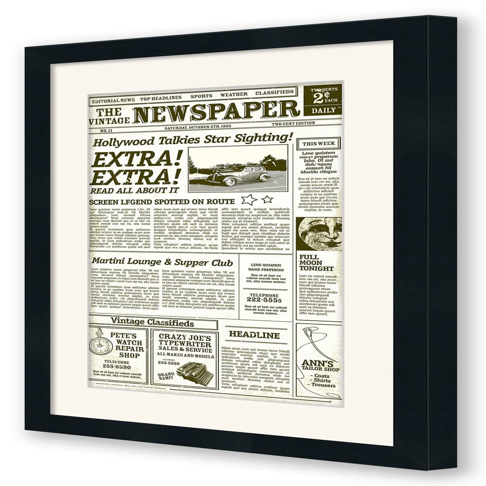 12x22 Matted Newspaper Frame - Black Wood - Acid Free Matting and UV Resistant Acrylic to Protect Your Newspaper from Yellowing Over Time - Made to Display Newspapers 12x22 Inches or 17x27 w/o the Mat