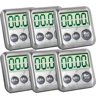 Elegant Digital Kitchen Timer Stainless Steel - Strong Magnetic Back - Kickstand - Loud Alarm - Large Display - Auto Memory - Auto Shut-Off (Charcoal 6-Pack)