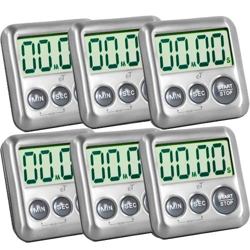 Elegant Digital Kitchen Timer Stainless Steel - Strong Magnetic Back - Kickstand - Loud Alarm - Large Display - Auto Memory - Auto Shut-Off (Charcoal 6-Pack)