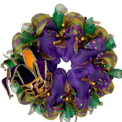 Luxury Handmade Mardi Gras Deco Mesh Wreath Jester Mask Front Door Decor, 24" or 28"