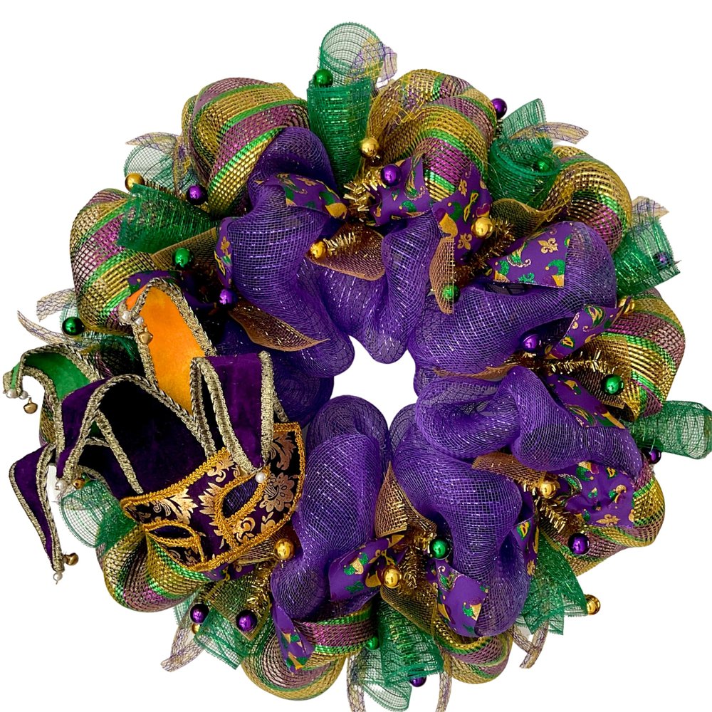 Luxury Handmade Mardi Gras Deco Mesh Wreath Jester Mask Front Door Decor, 24" or 28"