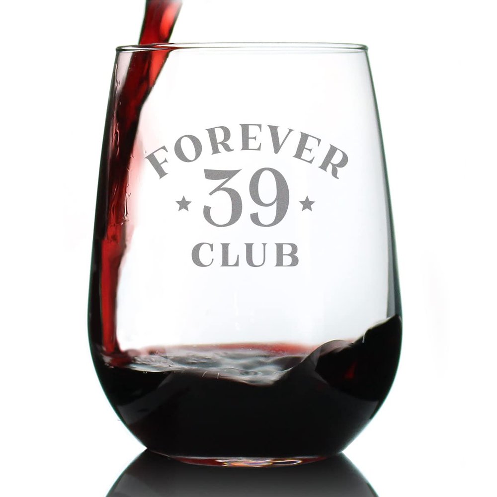 Bevvee Forever 39 Club - Stemless Wine Glass 40th Birthday Gifts for Women & Men Turning 40 - Bday Party Decor - Large 17 Oz Glasses