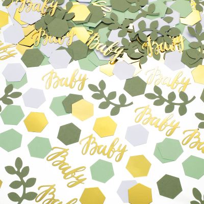 220 Pcs Greenery Baby Shower Confetti Table Decoration with Eucalyptus Sage Green Gold Paper Neutral Confetti Scatter Hexagon Shape for Baby Girl Boy Gender Reveal Birthday Party Decor(Fresh Color)