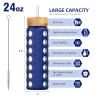 MUKOKO 24oz Glass Water Bottle with 2 Lids-Handle Flip Lid&Bamboo Straw Lid,Motivational Water Tumbler with Time Marker Reminder and Silicone Sleeve, Leakproof-Blue view 2