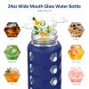 MUKOKO 24oz Glass Water Bottle with 2 Lids-Handle Flip Lid&Bamboo Straw Lid,Motivational Water Tumbler with Time Marker Reminder and Silicone Sleeve, Leakproof-Blue view 4