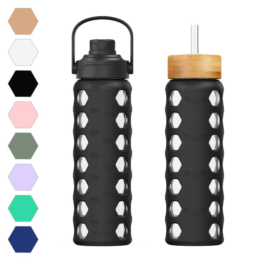 MUKOKO 24oz Glass Water Bottle with 2 Lids-Handle Flip Lid&Bamboo Straw Lid,Motivational Water Tumbler with Time Marker Reminder and Silicone Sleeve, Leakproof-Black