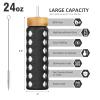 MUKOKO 24oz Glass Water Bottle with 2 Lids-Handle Flip Lid&Bamboo Straw Lid,Motivational Water Tumbler with Time Marker Reminder and Silicone Sleeve, Leakproof-Black view 2