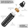 MUKOKO 24oz Glass Water Bottle with 2 Lids-Handle Flip Lid&Bamboo Straw Lid,Motivational Water Tumbler with Time Marker Reminder and Silicone Sleeve, Leakproof-Black view 4