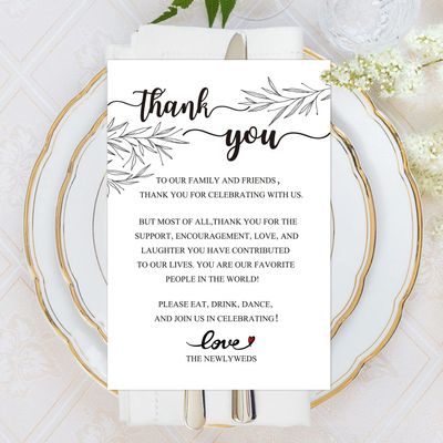 50 Wedding Thank You Place Setting Cards, Wedding Reception Thank You Cards, Table Centerpieces and Wedding Decorations, Bridal, Engagement, Anniversary, 4x6"
