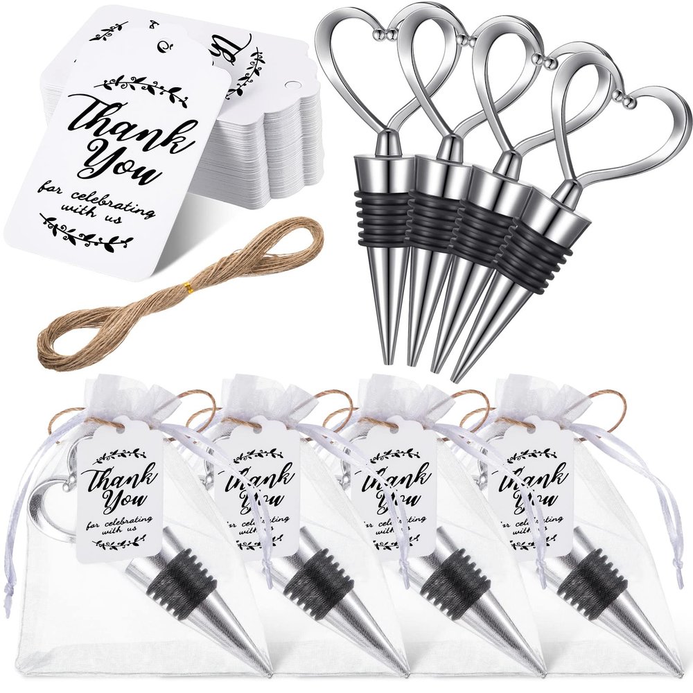 30 Pcs Heart Shape Wine Stoppers Love Wine Bottle Stopper Silver Champagne Beer Bottle Stopper 50 White Kraft Labels 30 Sheer Bags with String for Wedding Gift Valentine Decorations