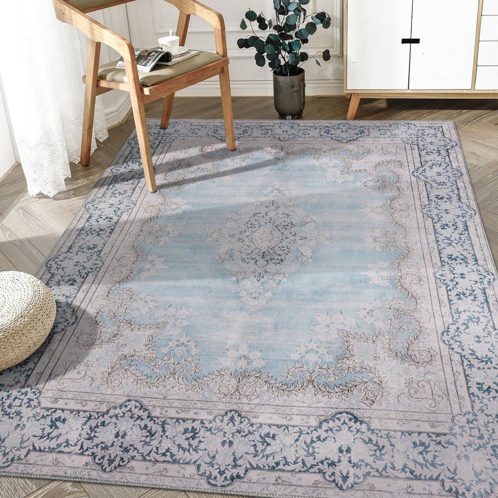 DECOMALL Maila Machine Washable Rug, Vintage Distressed Rug, Non Slip Blue Area Rug for Foyer Laundry Room Bedroom, 4'x 6', Blue