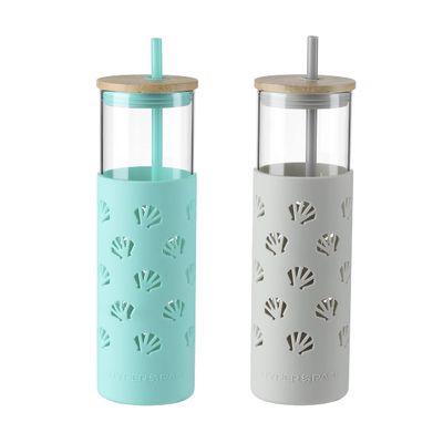 Hyperspace 20 OZ Glass Tumbler Glass Water Bottle with Silicone Protective Sleeve and Bamboo Lid, Travel Cups with Straw - BPA Free (Turquoise & Gray Shell, 2Pcs Pack)