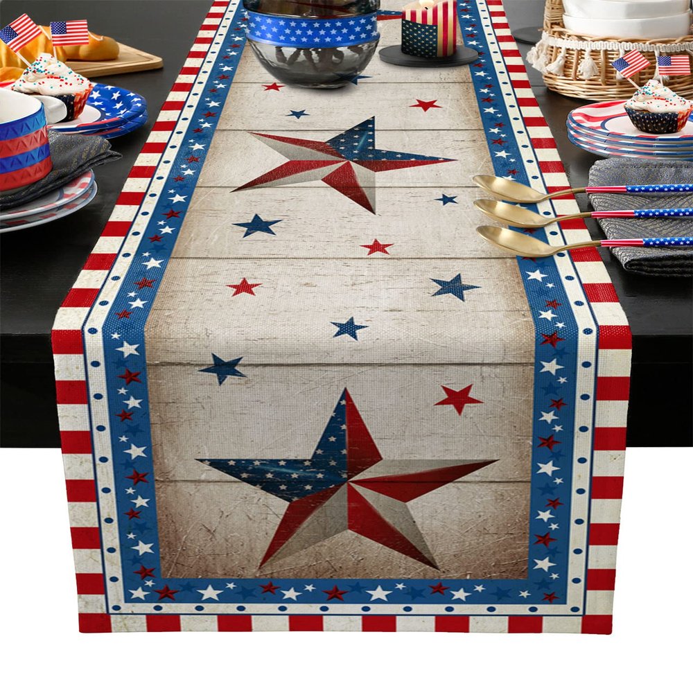 4th of July Table Runner 72 inches Long Freedom Stars Independence Day Rustic Wood Patriotic Coffee Table Runner for Kitchen/Dining Runners for Party Decor Dresser Scarves Tabletop Decoration 18x72in