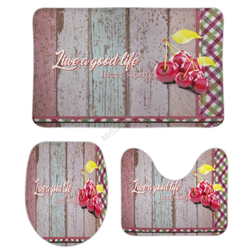 3 Pieces Bathroom Rug Set, Cherry Plaid Wood Grain Soft Foam Non Slip Bath Mats Sets Toilet Contour Mat Lid Cover for Bathtub Shower and Bathroom Decor 20"x32"