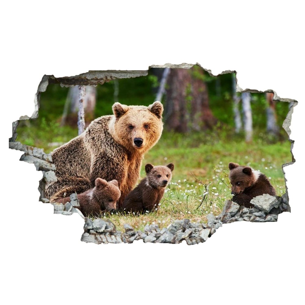 Animal Wall Decal 3D Smashed Art Decor Bear Wall Tattoo Art Vinyl Wall Stickers Grass for Girls Kids Bedroom Nursery Living Room Sticker Mural Home Gift 43 x 28 Inch