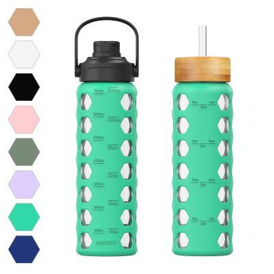 MUKOKO 24oz Glass Water Bottle with 2 Lids-Handle Flip Lid&Bamboo Straw Lid,Motivational Water Tumbler with Time Marker Reminder and Silicone Sleeve, Leakproof-Green