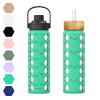 MUKOKO 24oz Glass Water Bottle with 2 Lids-Handle Flip Lid&Bamboo Straw Lid,Motivational Water Tumbler with Time Marker Reminder and Silicone Sleeve, Leakproof-Green view 1
