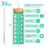 MUKOKO 24oz Glass Water Bottle with 2 Lids-Handle Flip Lid&Bamboo Straw Lid,Motivational Water Tumbler with Time Marker Reminder and Silicone Sleeve, Leakproof-Green view 2