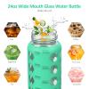 MUKOKO 24oz Glass Water Bottle with 2 Lids-Handle Flip Lid&Bamboo Straw Lid,Motivational Water Tumbler with Time Marker Reminder and Silicone Sleeve, Leakproof-Green view 4