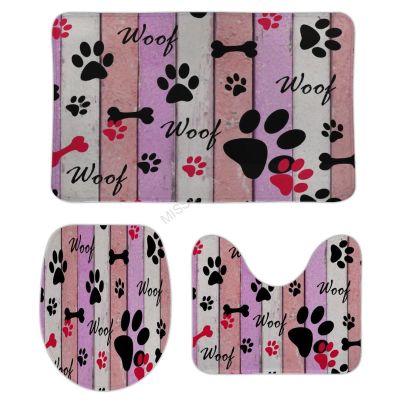 3 Pieces Bathroom Rug Set, Dog Paw Prints Rustic Old Barn Wood Soft Foam Non Slip Bath Mats Sets Toilet Contour Mat Lid Cover for Bathtub Shower and Bathroom Decor 18"x30"