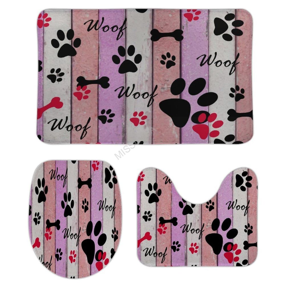 3 Pieces Bathroom Rug Set, Dog Paw Prints Rustic Old Barn Wood Soft Foam Non Slip Bath Mats Sets Toilet Contour Mat Lid Cover for Bathtub Shower and Bathroom Decor 18"x30"