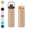 MUKOKO 24oz Glass Water Bottle with 2 Lids-Handle Flip Lid&Bamboo Straw Lid,Motivational Water Tumbler with Time Marker Reminder and Silicone Sleeve, Leakproof-Amber view 1